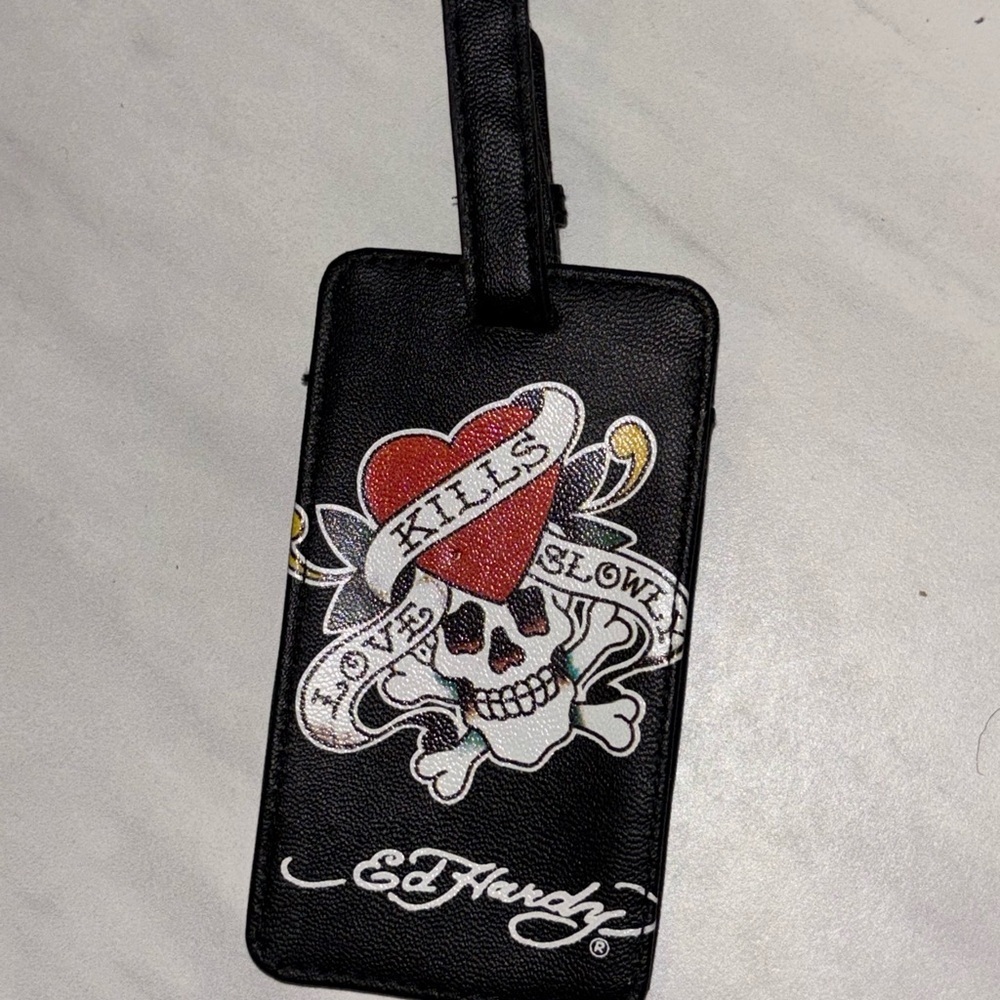 Ed Hardy Black luggage tag with Skull and Heart Design
